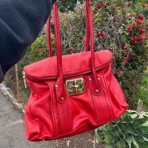 B.Makowsky Brand Red Leather Gold Hardware Tall Handles Bag Tote